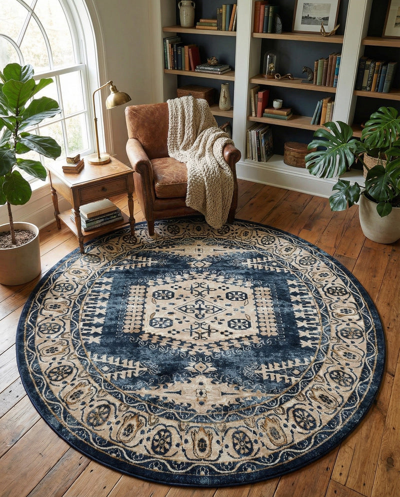 Eden Oasis Collection Area Rug -  Refuge (Dark Blue) Round Dark Blue  lifestyle 72