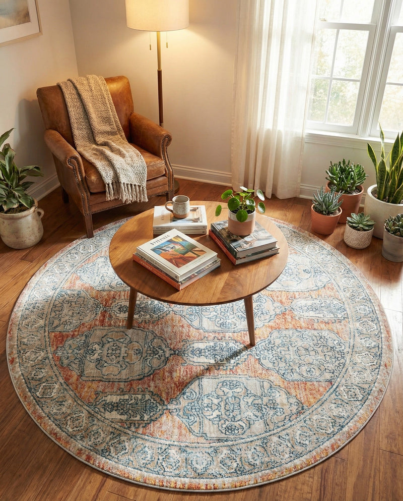 Seville Stripes Collection Area Rug -  Granada (Brick Red) Round Brick Red  lifestyle 63