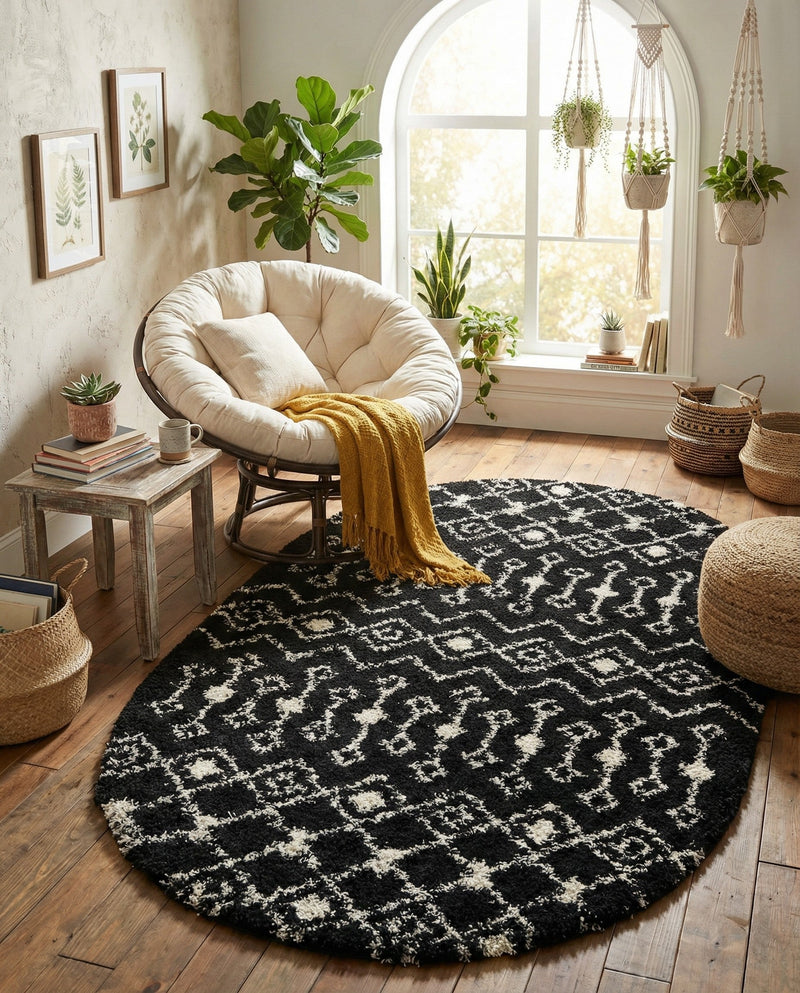 Berber Lattice Shag Collection Area Rug - Atlas (Black and White) Oval Black and White  lifestyle 50
