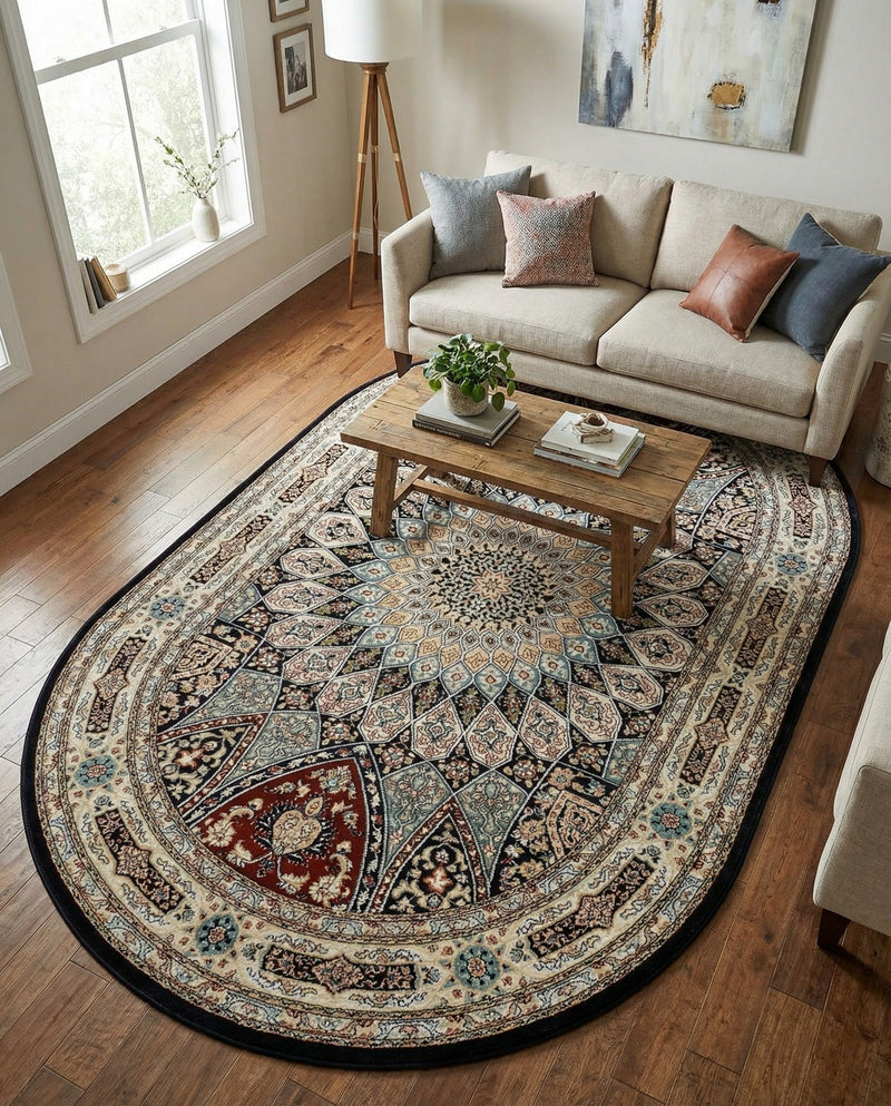 Persian Elegance Collection Area Rug -  Hamedan (Navy Blue) Oval Navy Blue  lifestyle 62