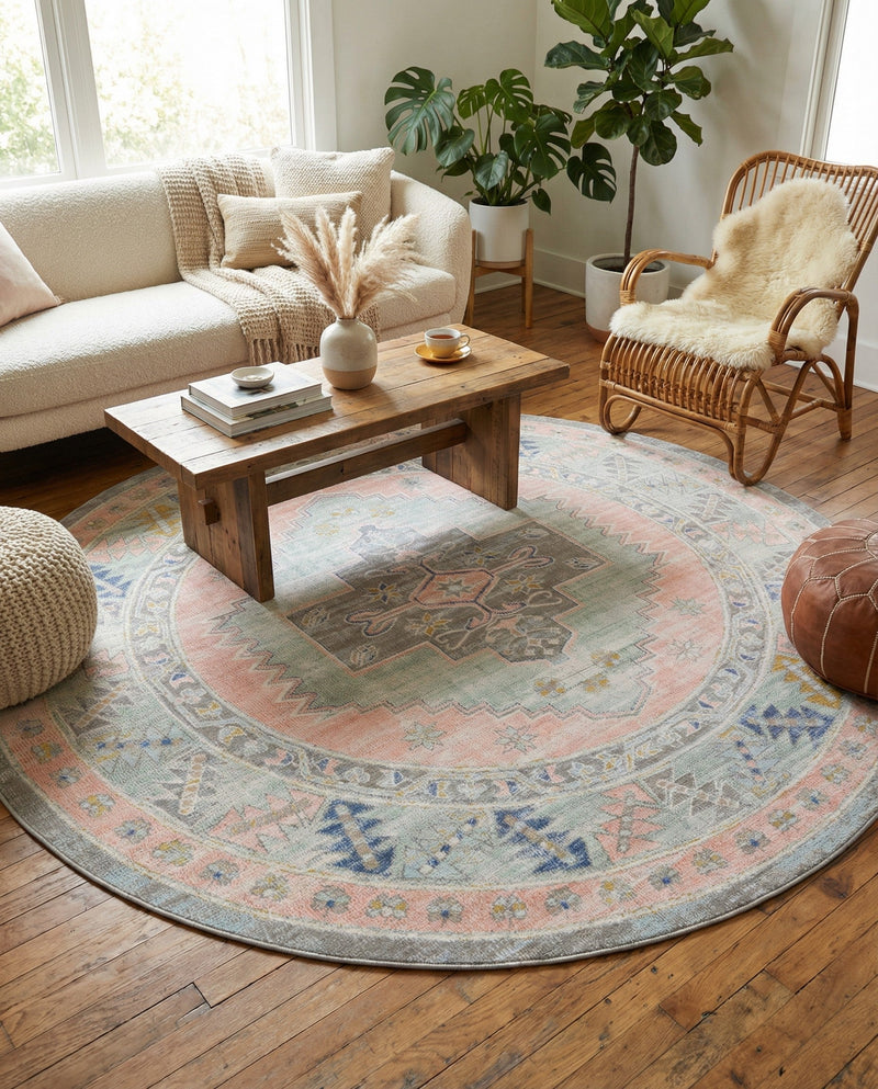 Savannah Series Collection Area Rug -  Augusta (Pink) Round Pink  lifestyle 68