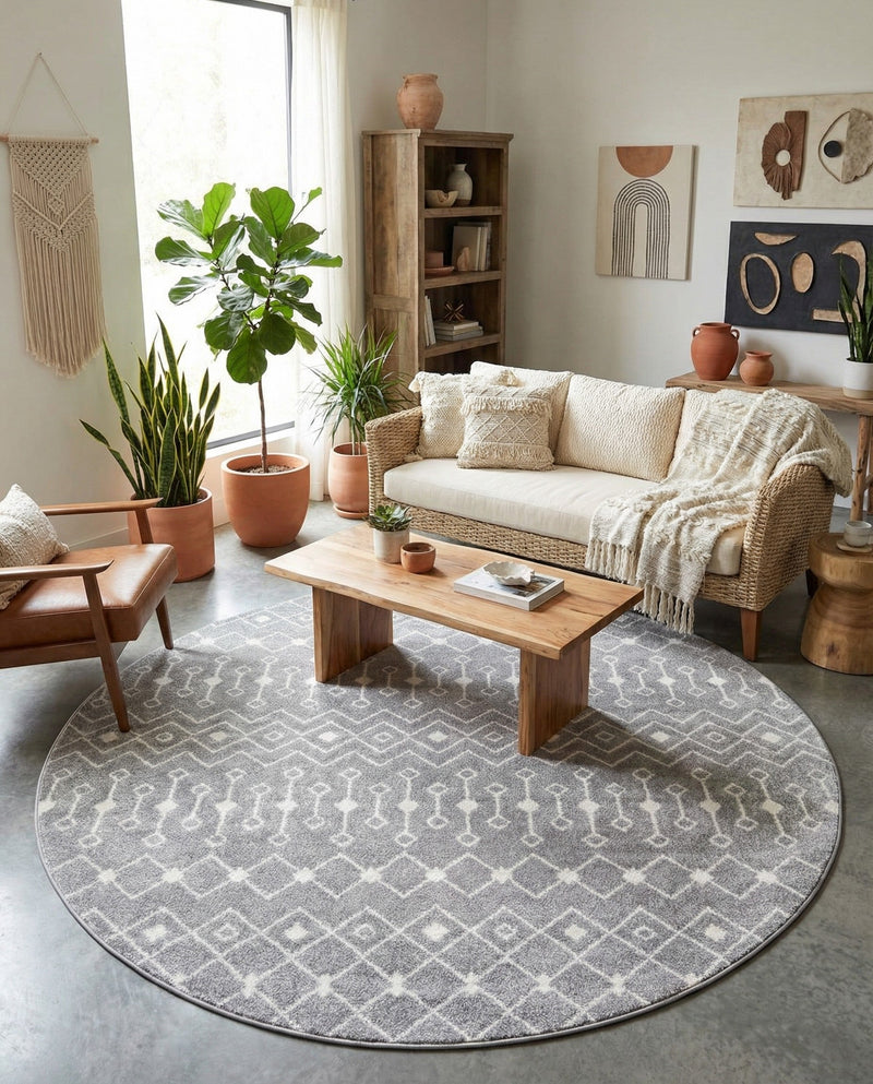Mediterranean Lattice Collection Area Rug - Santorini (Gray) Round Gray  lifestyle 26