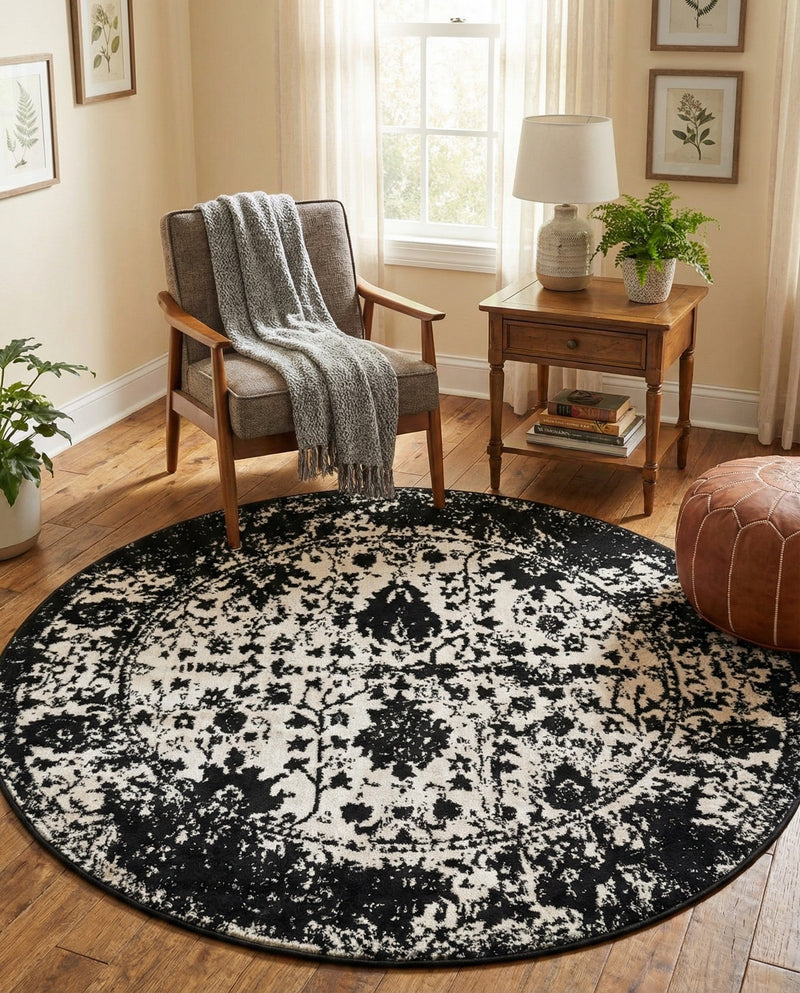 Cascade Range Collection Area Rug -  Shasta (Black and White) Round Black and White  lifestyle 71