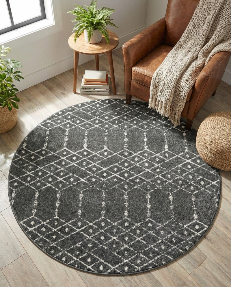 Marrakesh Lattice Collection Area Rug - Casablanca (Charcoal Gray) Round Charcoal Gray  lifestyle 62