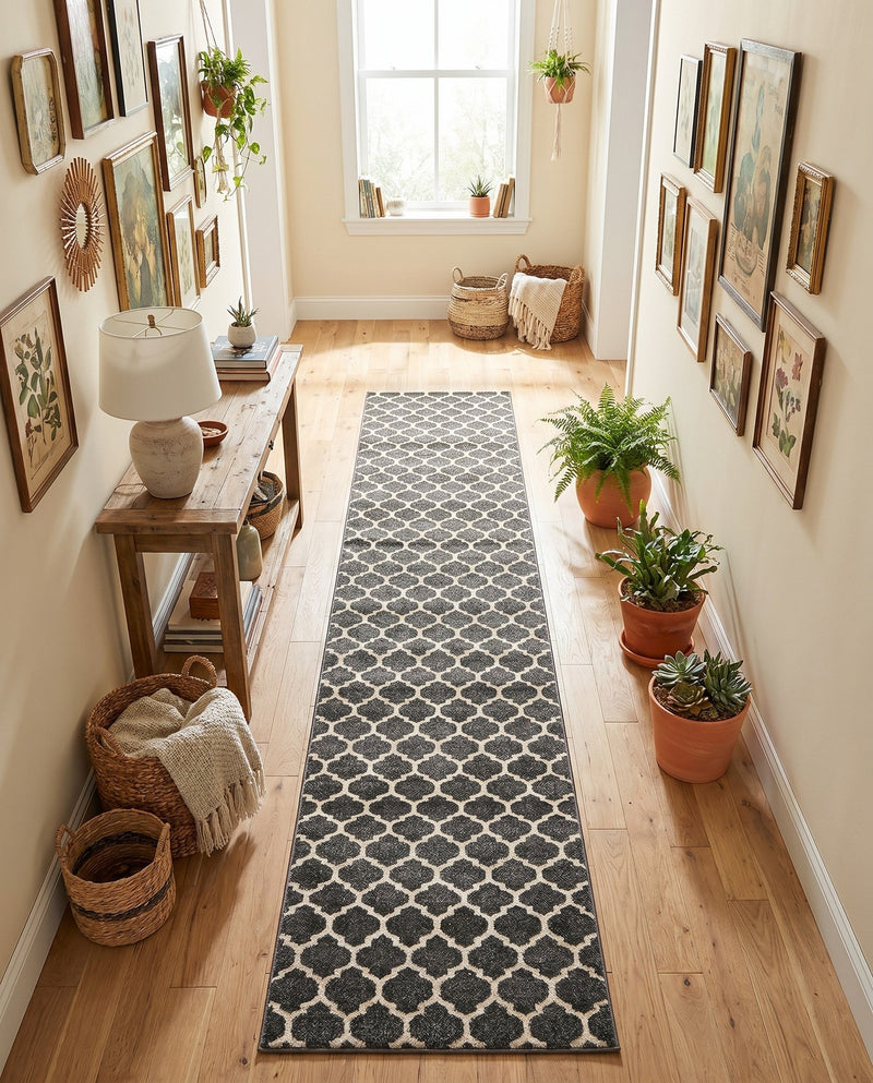 Lattice Gardens Collection Area Rug -  Bloomfield (Black) Runner Black  lifestyle 74