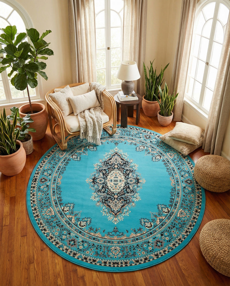Tabriz Tapestry Collection Area Rug - Azerbaijan (Turquoise) Round Turquoise  lifestyle 42