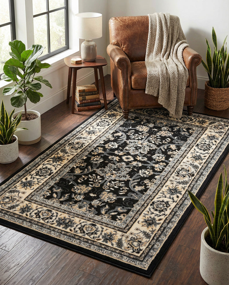 Isfahan Elegance Collection Area Rug - Naghsh-e Jahan (Black) Rectangle Black  lifestyle 51