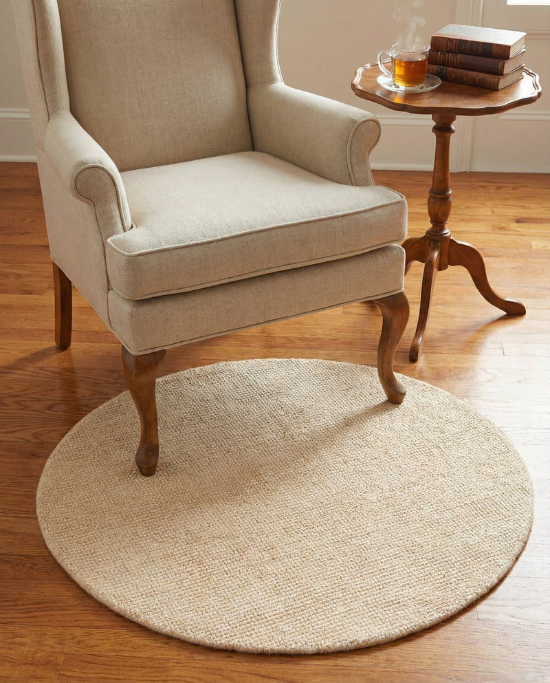 Berkshire Estate Collection Area Rug - Windsor (Oat Beige) Round Oat Beige  lifestyle 45