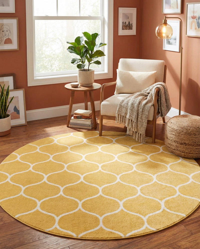 Trellis Mosaic Collection Area Rug -  Pergolatown (Yellow) Round Yellow  lifestyle 85