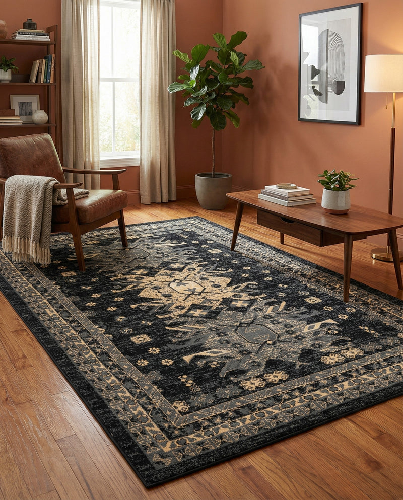 Tabriz Tapestries Collection Area Rug - Azerbaijan (Black) Rectangle Black  lifestyle 6