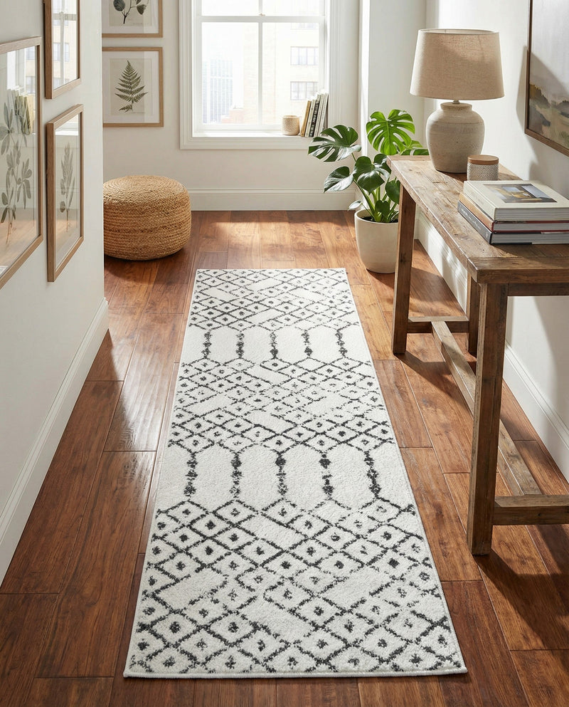 Marrakesh Lattice Collection Area Rug - Casablanca (Ivory Black) Runner Ivory Black  lifestyle 69
