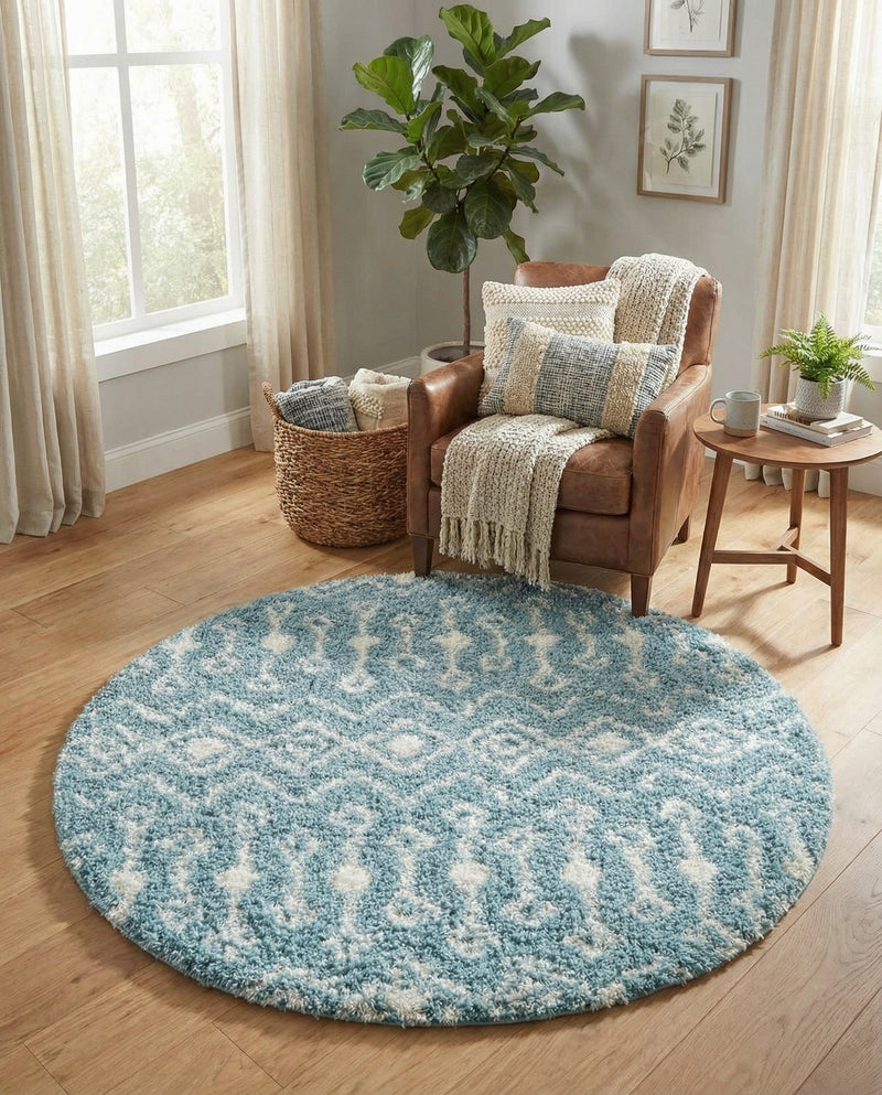 Berber Lattice Shag Collection Area Rug - Atlas (Light Blue) Round Light Blue  lifestyle 49