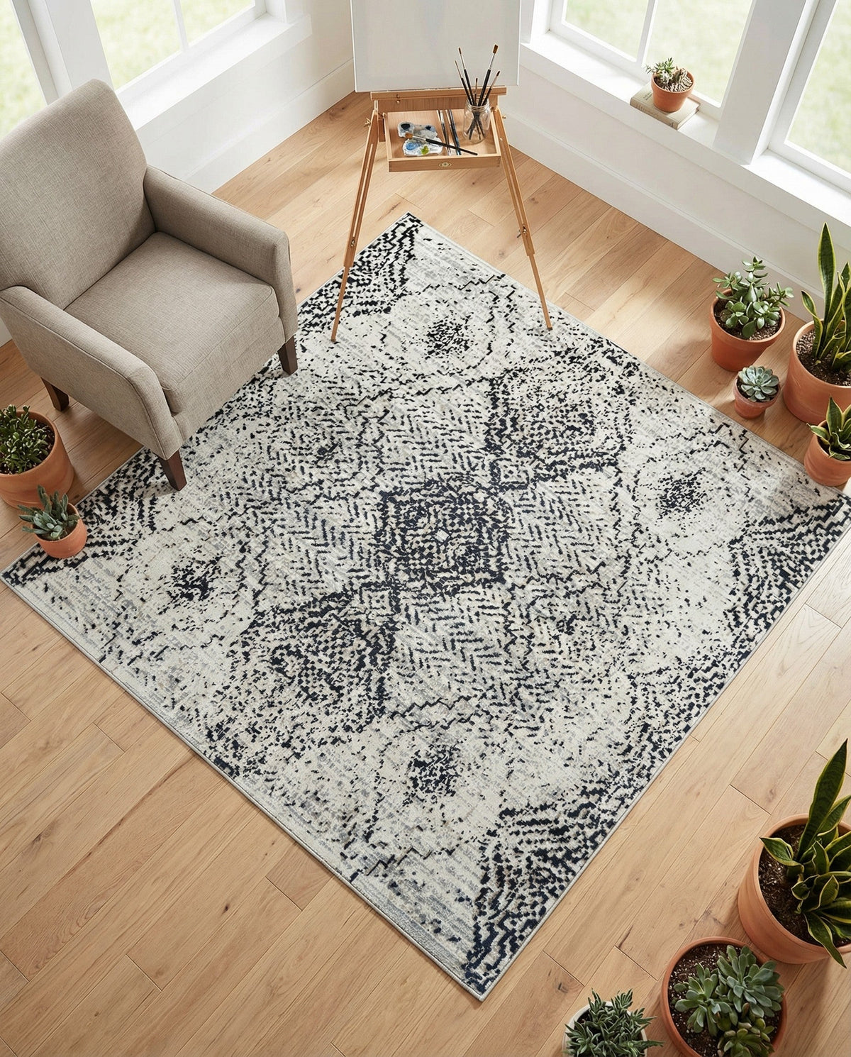 Aegean Elegance Washables Collection Area Rug -  Naxos Square Black and White  lifestyle 131