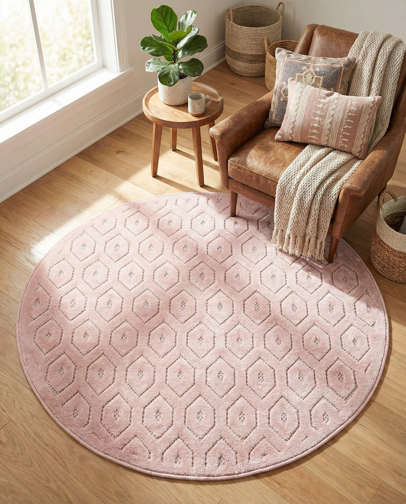Garden Lattice Charm Collection Area Rug - Arbor (Pink) Round Pink  lifestyle 54