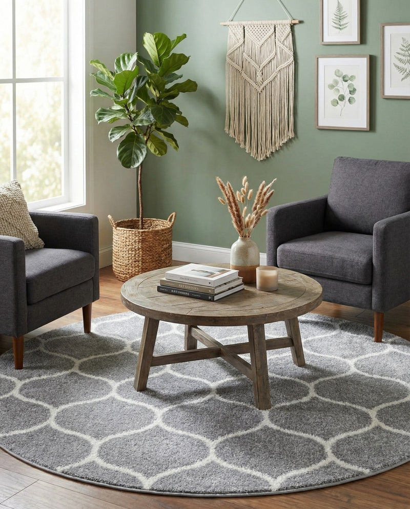 Trellis Mosaic Collection Area Rug -  Pergolatown (Light Gray) Round Light Gray  lifestyle 47