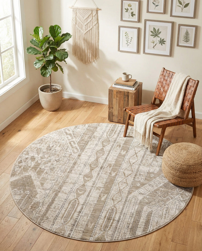 Cascade Range Collection Area Rug - Hood (Ivory) Round Ivory  lifestyle 72