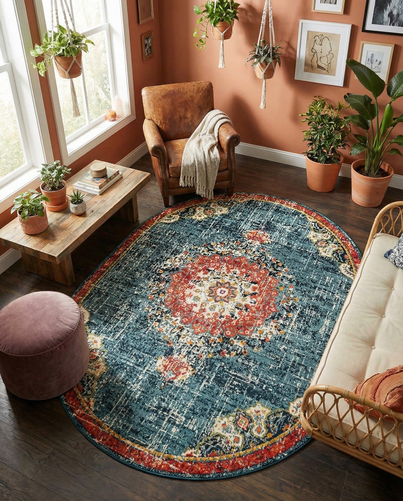 Brighton Terrace Collection Area Rug - Hove (Blue) Oval Blue  lifestyle 58