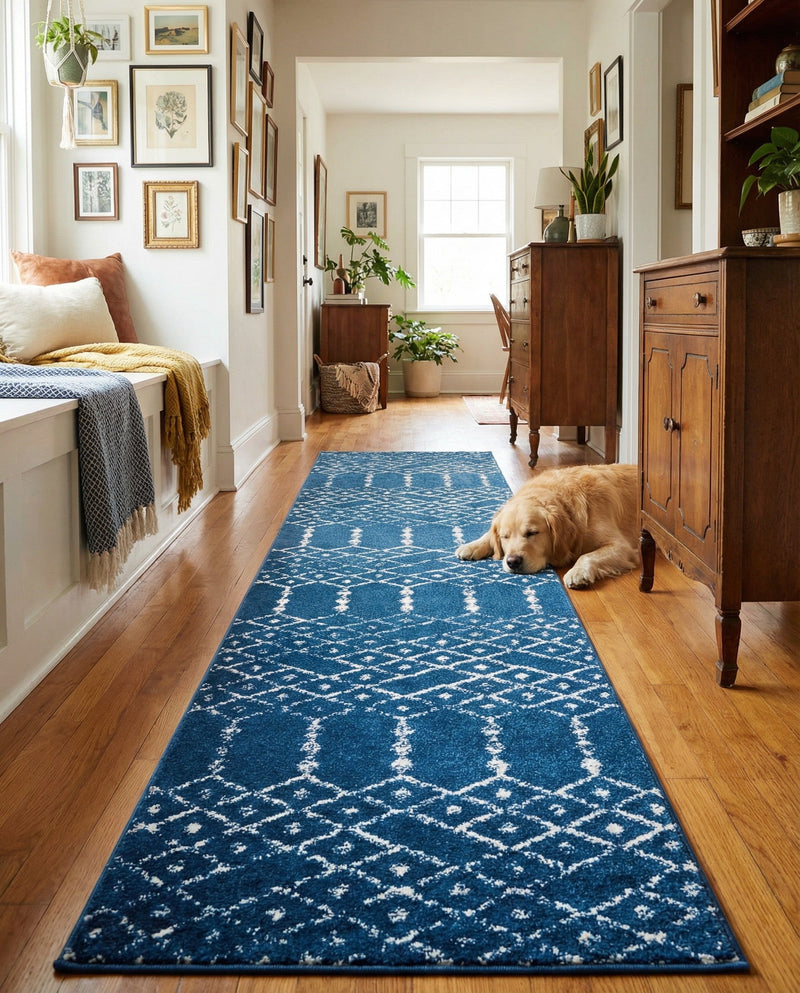 Marrakesh Lattice Collection Area Rug - Casablanca (Navy Blue) Runner Navy Blue  lifestyle 74