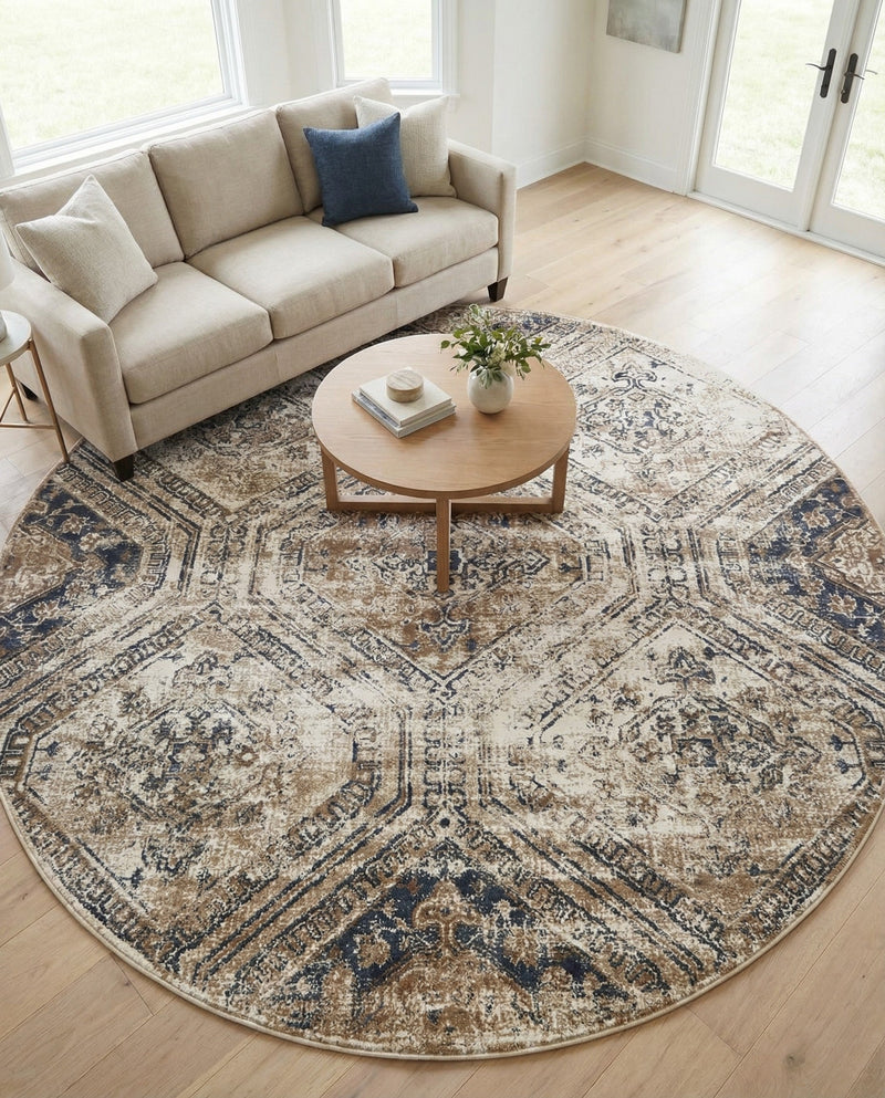 Coastal Manor Collection Area Rug -  Oceanfront Round Blue Beige  lifestyle 42