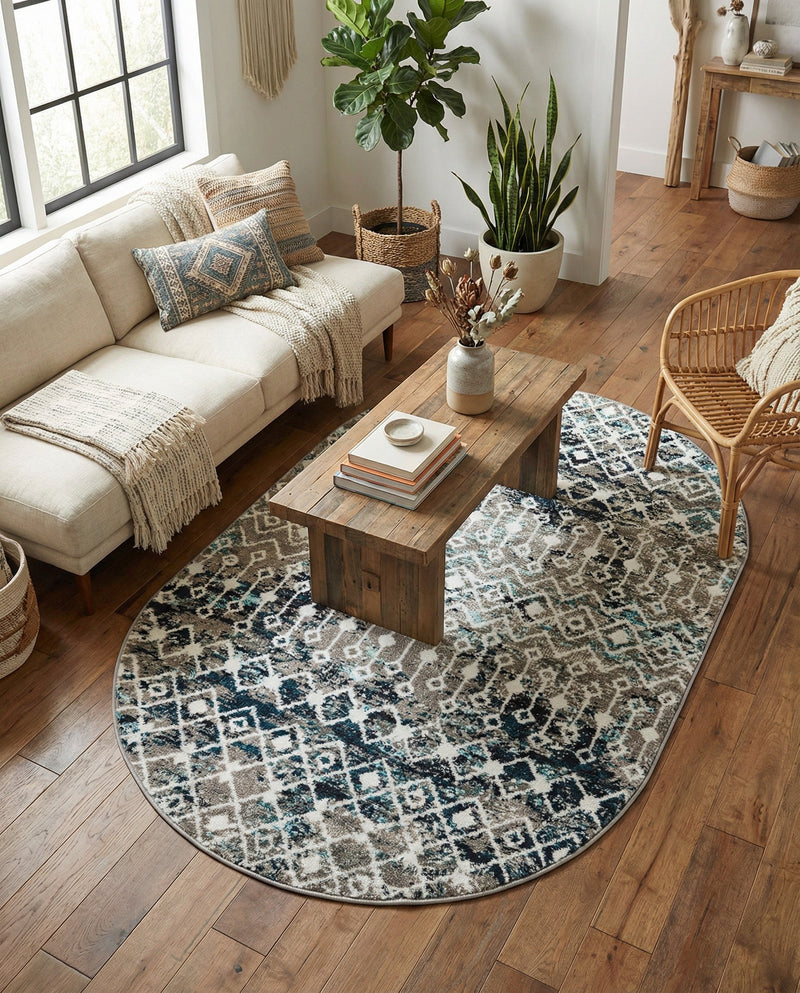 Mediterranean Lattice Collection Area Rug - Santorini (Multi Gray Blue) Oval Multi Gray Blue  lifestyle 80