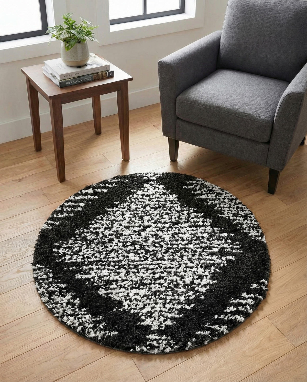 Tranquil Tides Shag Collection Area Rug -  Azure Round Black and White  lifestyle 170