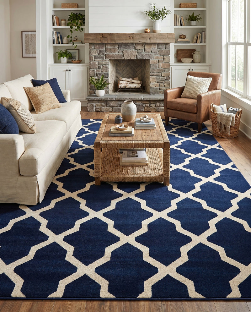 Lattice Gardens Collection Area Rug -  Floratown Rectangle Navy Blue  lifestyle 10