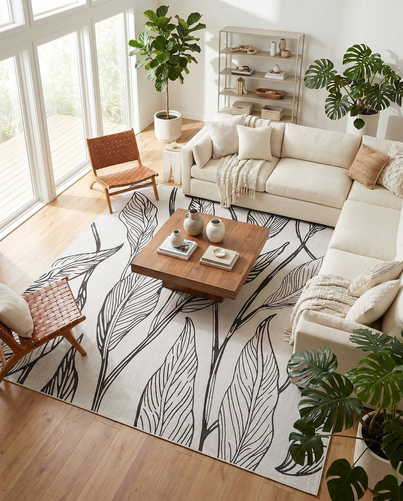 Seaside Blooms Collection Area Rug -  Evergreen (Charcoal Ivory) Square Charcoal Ivory  lifestyle 43