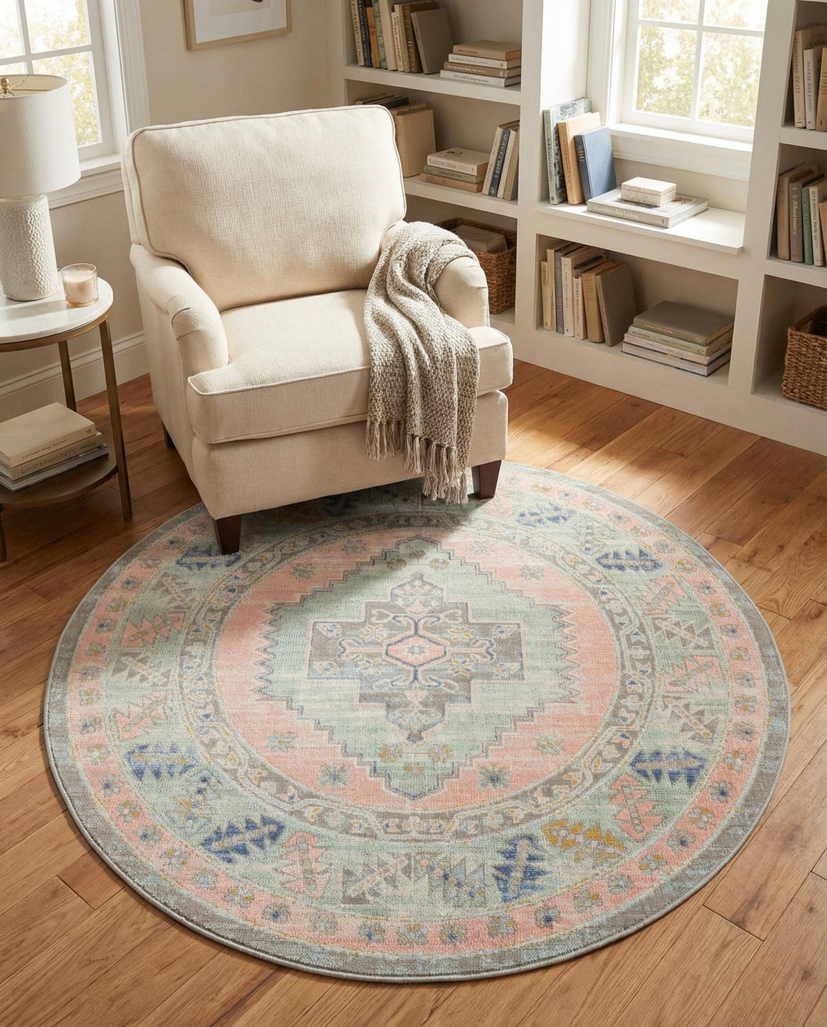Savannah Series Collection Area Rug -  Augusta (Pink) Round Pink  lifestyle 104