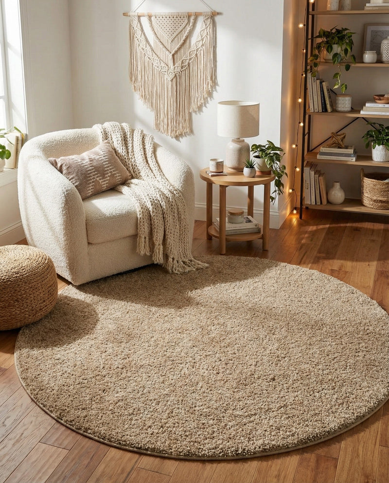 Cozy Comfort Shag Collection Area Rug - Haven (Khaki) Round Khaki  lifestyle 71
