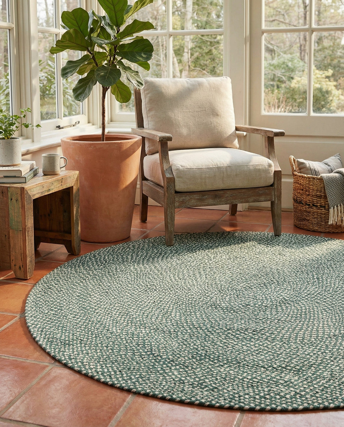 Highland Woven Jute Collection Area Rug - Glenmore (Green) Round Green  lifestyle 46