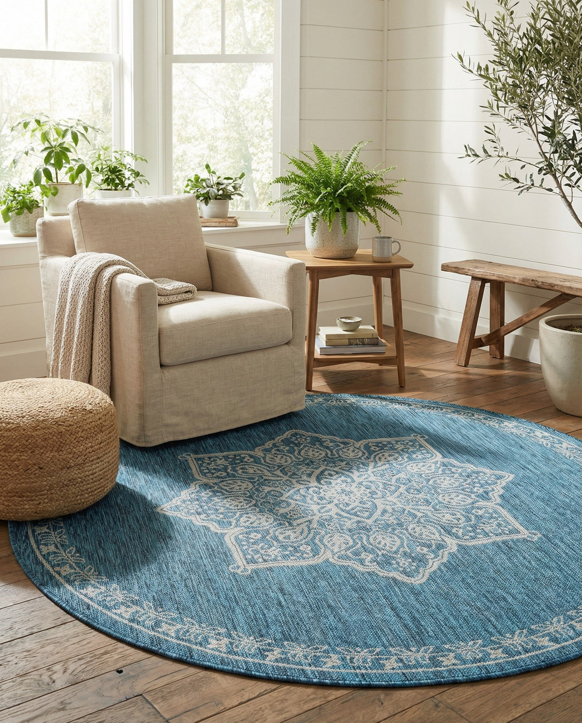 Patio Heritage Collection Area Rug -  Charleston (Teal) Round Teal  lifestyle 80