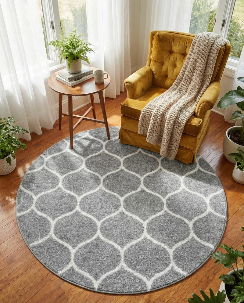 Trellis Mosaic Collection Area Rug -  Pergolatown (Light Gray) Round Light Gray  lifestyle 91