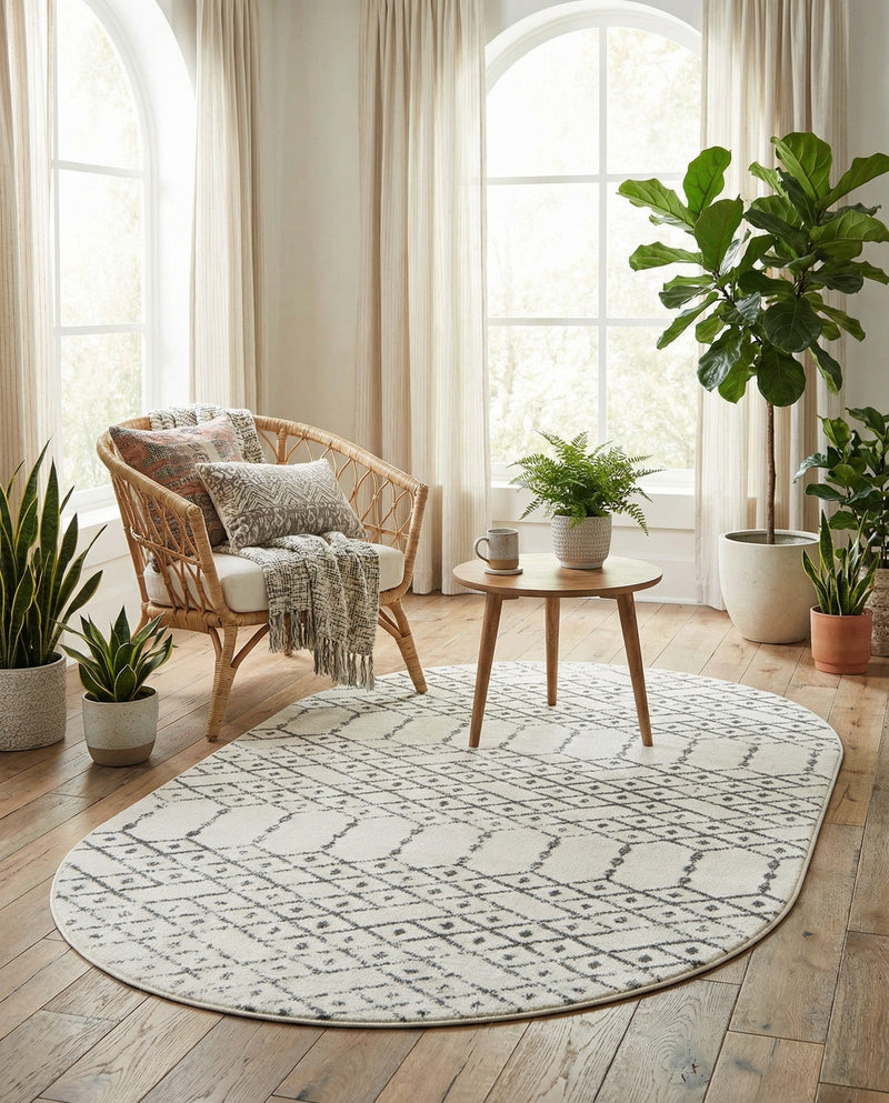 Marrakesh Lattice Collection Area Rug - Casablanca (Ivory Black) Oval Ivory Black  lifestyle 74