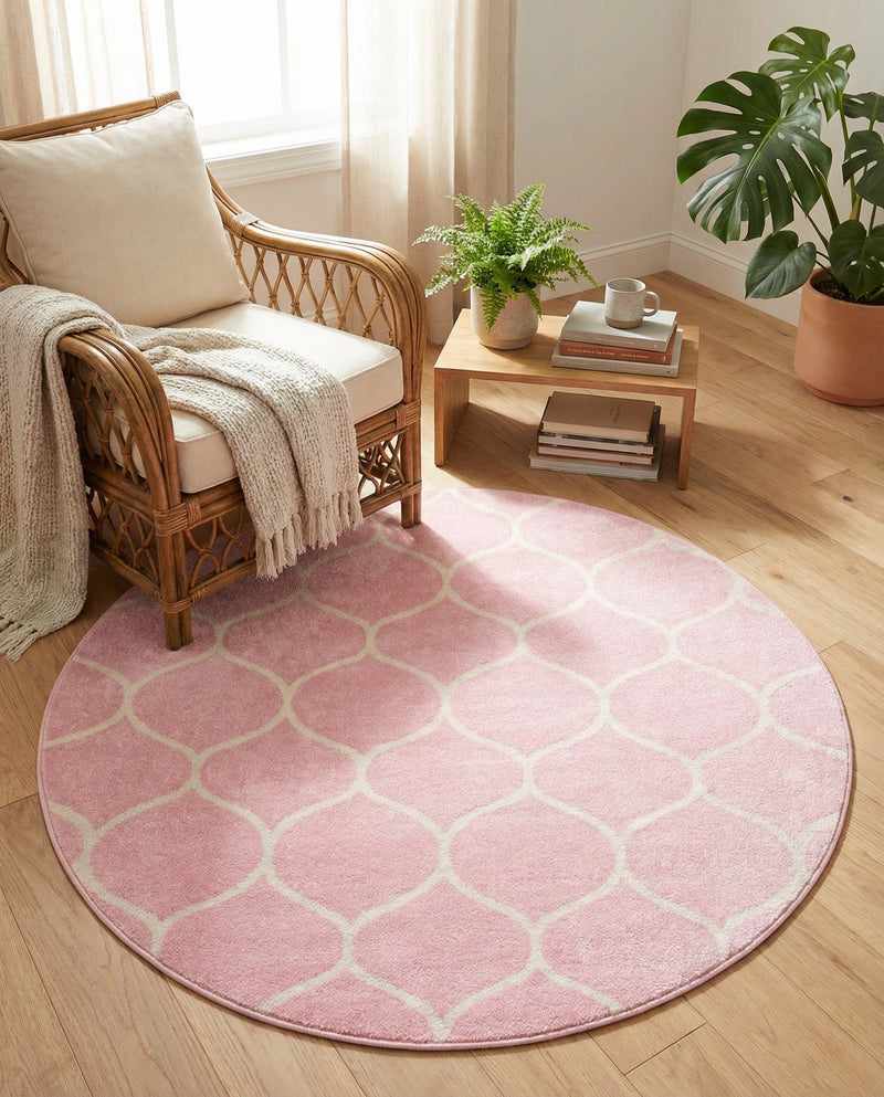 Trellis Mosaic Collection Area Rug -  Pergolatown (Light Pink) Round Light Pink  lifestyle 63