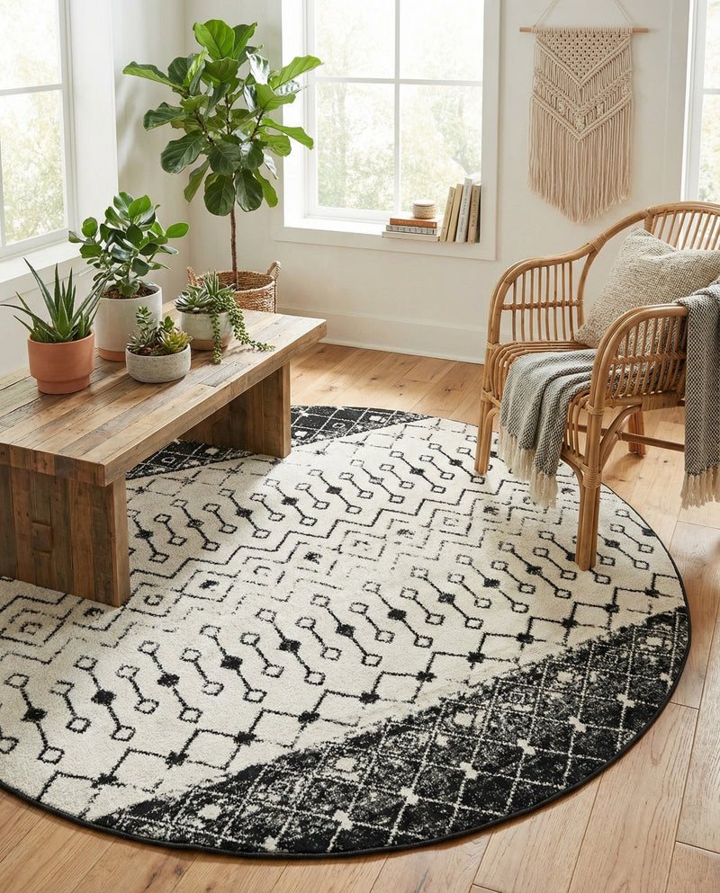 Mediterranean Lattice Collection Area Rug -  Casablanca (Black and White) Round Black and White  lifestyle 27