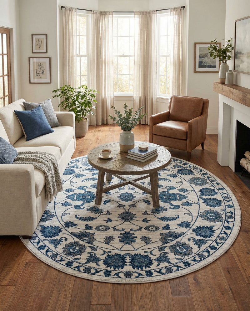 Charleston Elegance Collection Area Rug -  Seaport (White Blue) Round White Blue  lifestyle 37