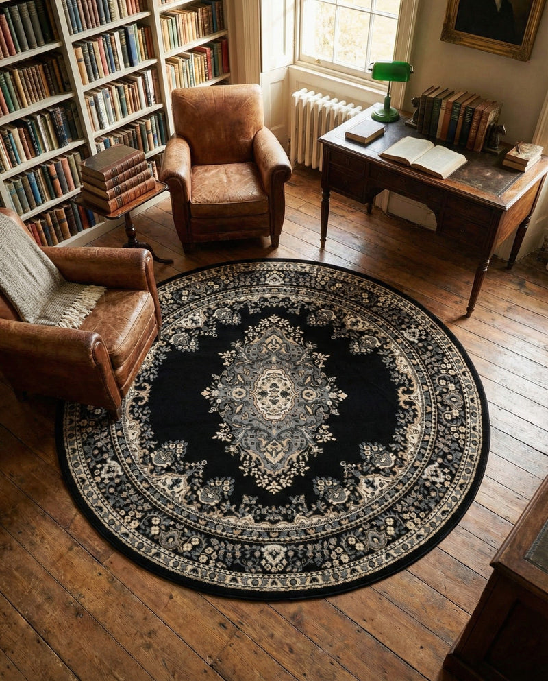 Tabriz Tapestry Collection Area Rug - Azerbaijan (Black) Round Black  lifestyle 87