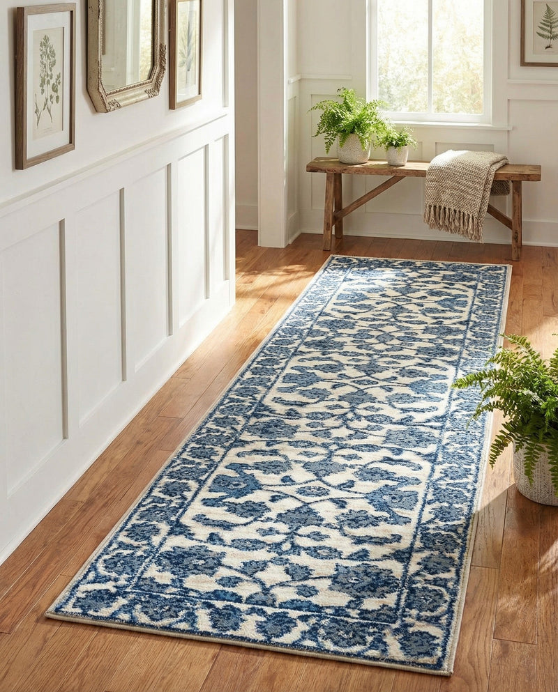 Charleston Elegance Collection Area Rug -  Seaport (White Blue) Runner White Blue  lifestyle 41