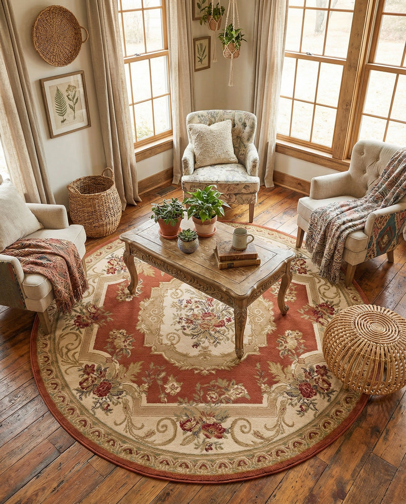 Versailles Elegance Collection Area Rug -  Louveciennes (Brick Red) Round Brick Red  lifestyle 57