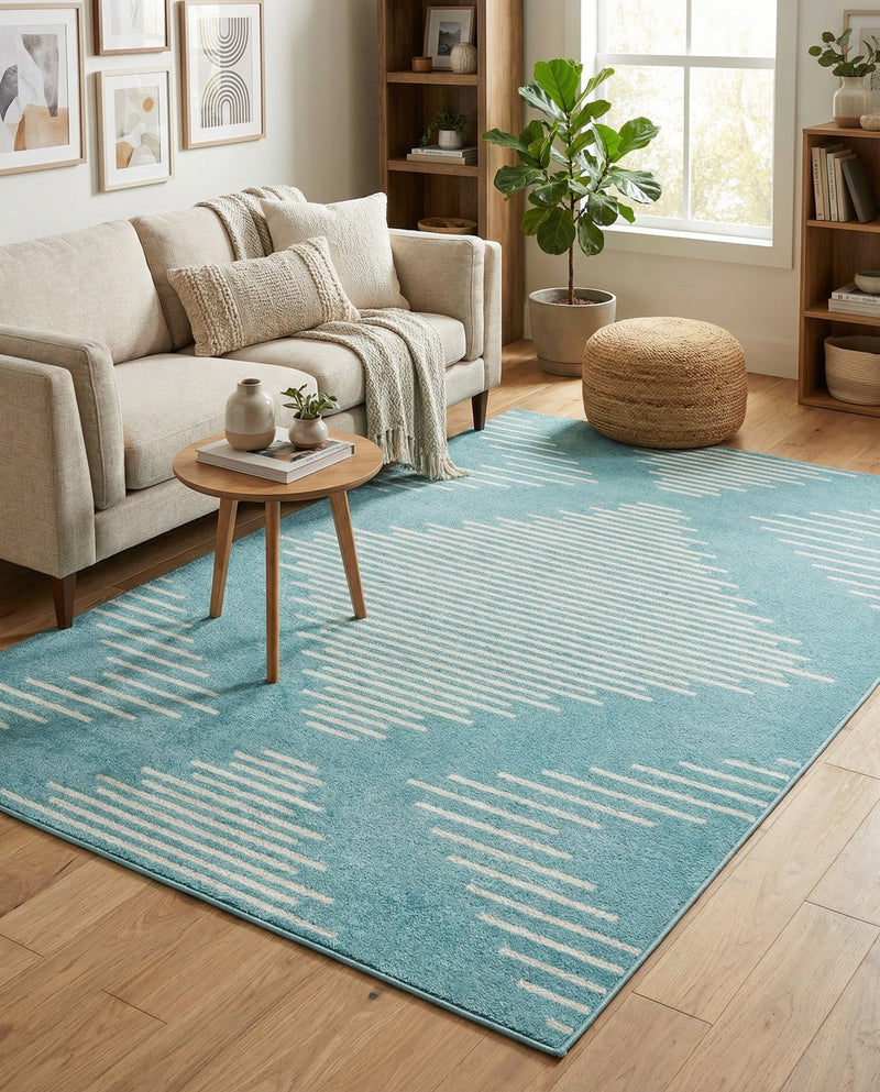 Seychelles Stripes Collection Area Rug - Mahe (Light Blue) Rectangle Light Blue  lifestyle 12