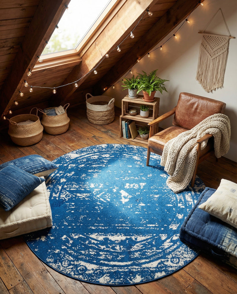 Brighton Stripes Collection Area Rug - Sussex (Navy Blue) Round Navy Blue  lifestyle 37