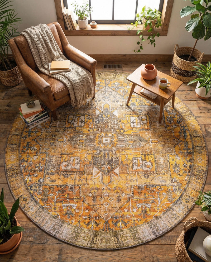 Heritage Elegance Collection Area Rug -  Windsor (Yellow) Round Yellow  lifestyle 44