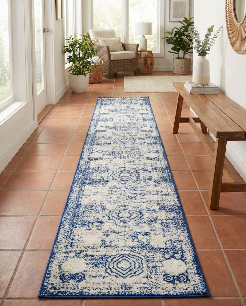 Dover Terrace Collection Area Rug -  Lagoon (Ivory and Blue) Runner Ivory and Blue  lifestyle 43