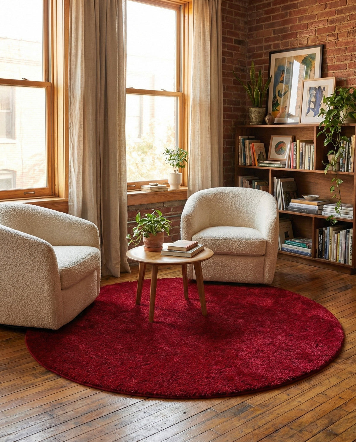 Solid Shag Seaside Collection Area Rug - Azure Cove (Red) Round Red  lifestyle 44