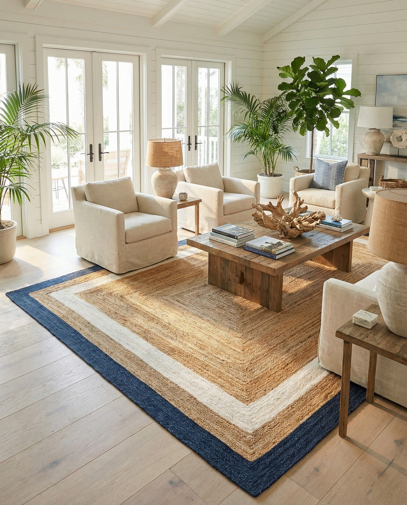 Woven Seaside Jute Collection Area Rug - Nantucket Rectangle Navy Blue White Natural  lifestyle 41