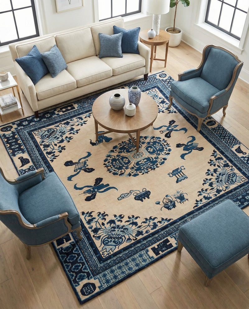 Bazaar Chic Collection Area Rug -  Casablanca Square Ivory and Blue  lifestyle 56