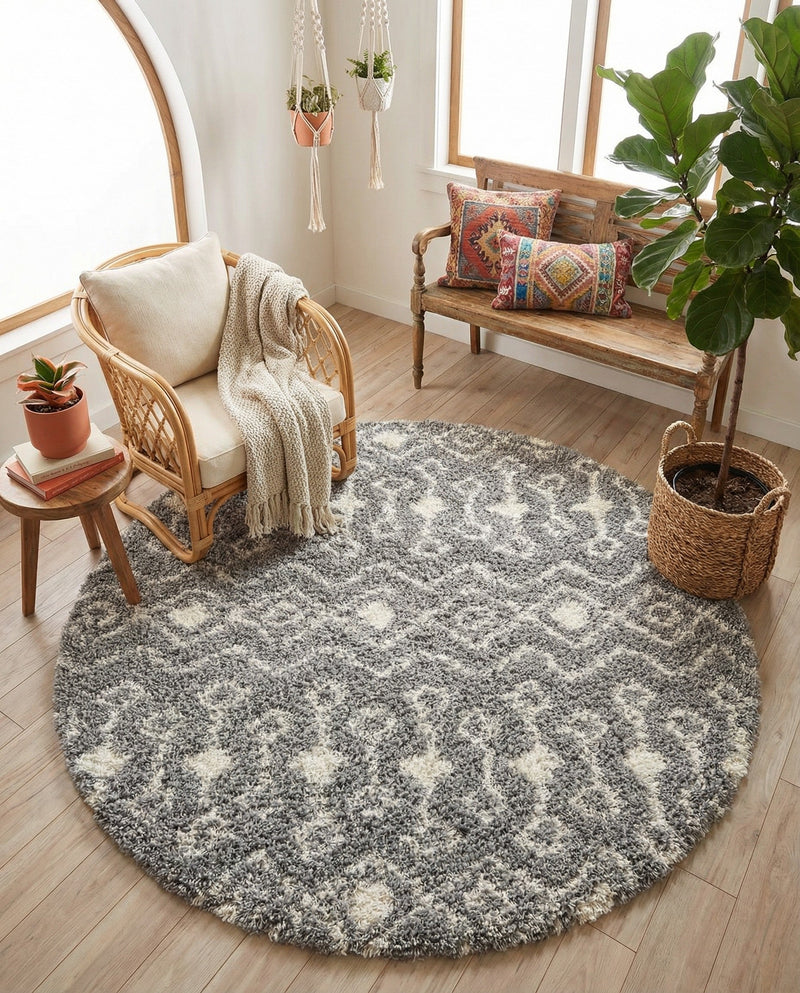 Berber Lattice Shag Collection Area Rug - Atlas (Gray) Round Gray  lifestyle 48