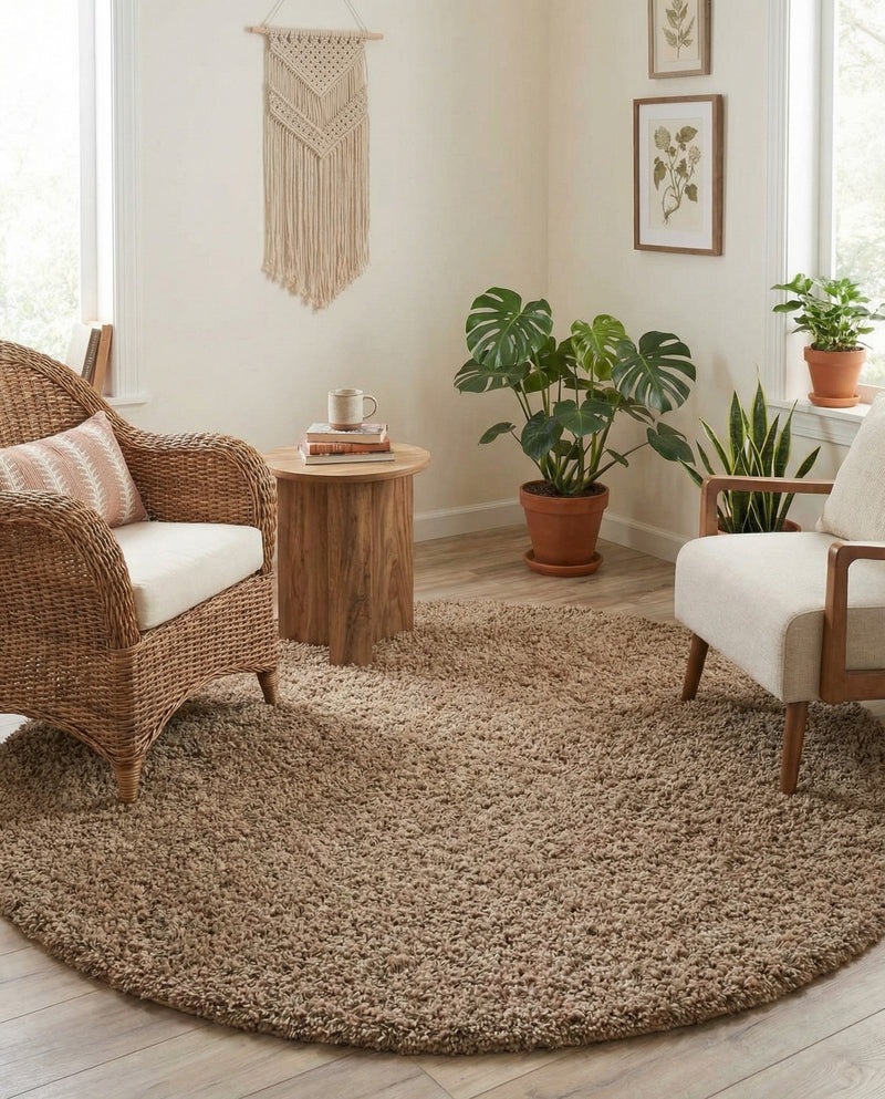 Plush Oasis Collection Area Rug - Serenity (Sandy Brown) Round Sandy Brown  lifestyle 80