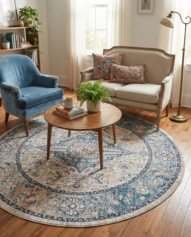 Seville Stripes Collection Area Rug - Cadiz (Blue) Round Blue  lifestyle 76