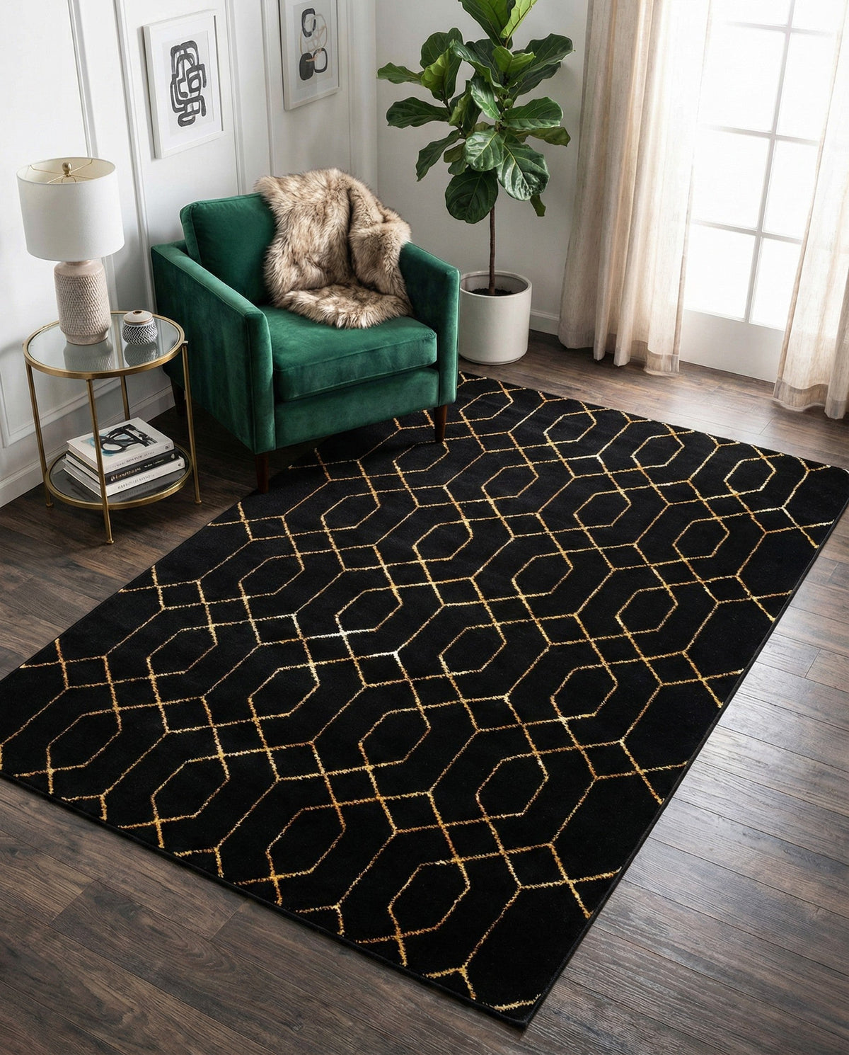 Hollywood Luxe Collection Area Rug - Sunset Rectangle Black and Gold  lifestyle 88